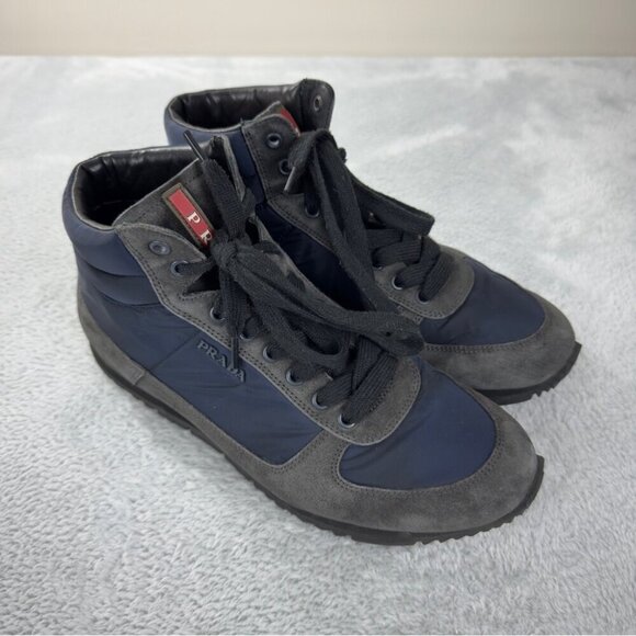 Prada Hi Top Grey/Blue Nylon and Suede High Top Sneaker Sz 7.5 US/6.5 UK/40.5 EU - Picture 3 of 14